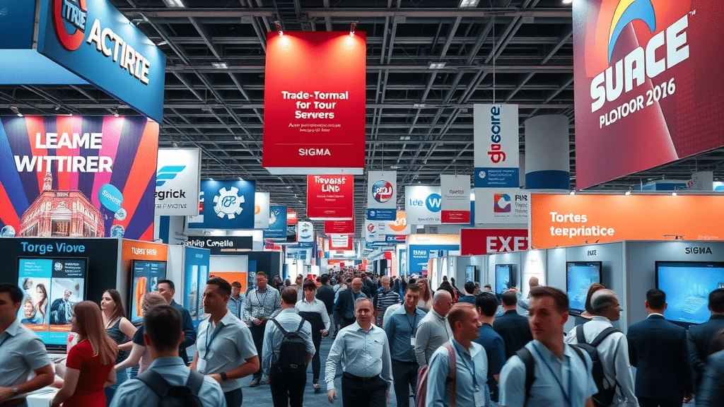 immersive trade show scene, colorful large-format banners and posters, large format printing in toronto, convention center