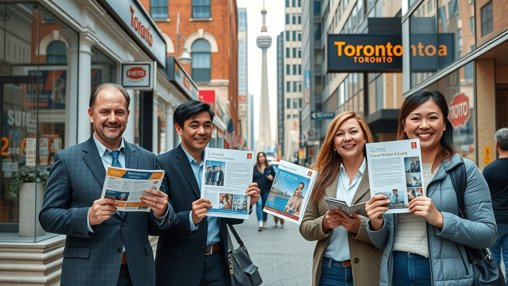 vibrant Toronto cityscape with various business storefronts, satisfied business owners holding printed marketing materials, printing services in toronto, spring CN Tower