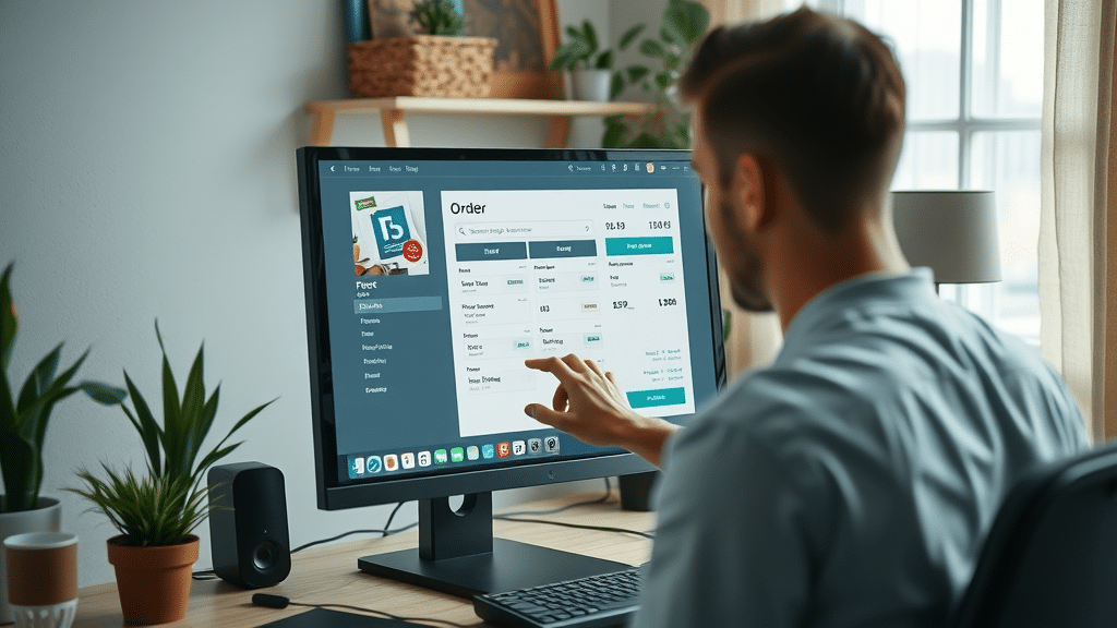 modern user interface, computer screen displaying online printing service, online print in toronto, office with tech gadgets and plants